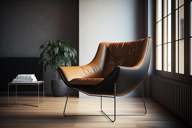 Moderne fauteuil met lederen zitting en metalen poten in minimalistisch interieur gemaakt met generatieve ai