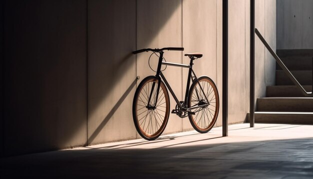 Moderne fietswiel werpt schaduw op oude bakstenen architectuur buiten gegenereerd door kunstmatige intelligentie