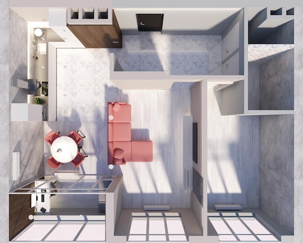 Foto moderne flat 3d interieur studio met keuken in lichte tinten bovenaanzicht