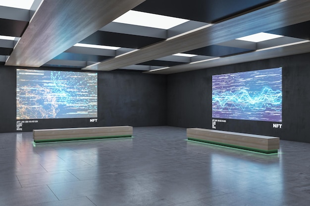 Moderne futuristische designkunstgalerij met NFT-foto's op donkere muren en houten banken verlichte groene kleur 3D-weergave