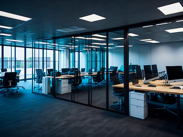 Moderne futuristische kantoorruimte met slanke glazen scheidingswanden ergonomische werkstations generatieve AI
