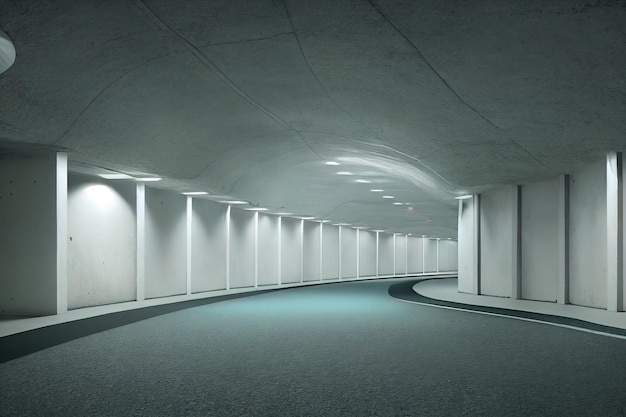 Moderne futuristische ondergrondse parkeergarage gang magazijn met verlichting een leeg podium een kamer in witte neon kleur grote tunnel met een draai toekomstige achtergrond voor ontwerp 3D illustratie