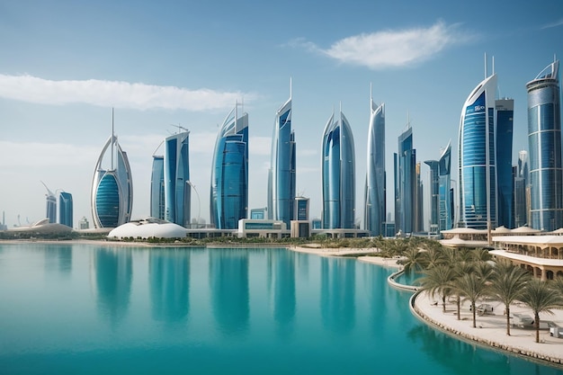 Moderne futuristische skyline wolkenkrabber Arabische architect steden Abu Dhabi Dubai prachtige waterkanten