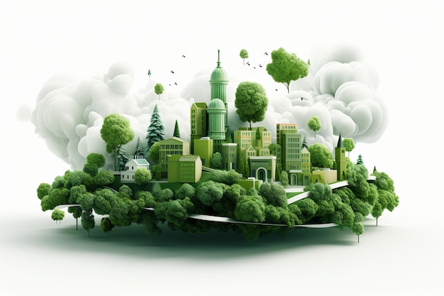 Moderne futuristische stadsarchitectuur met groen concept en milieuvriendelijke 3D-illustratie van gebouwen