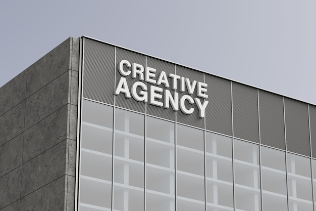 Moderne gebouw gevel met een grijze betonnen muur Grote venster sectie en CREATIVE AGENCY Sign 3d Rendering