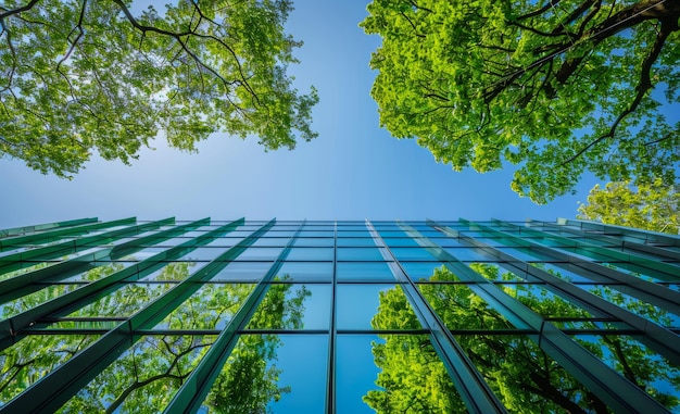 Foto moderne gebouw met glazen gevel en bomen tegen de lucht