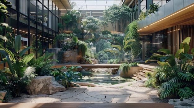 Moderne gebouw met weelderige planten