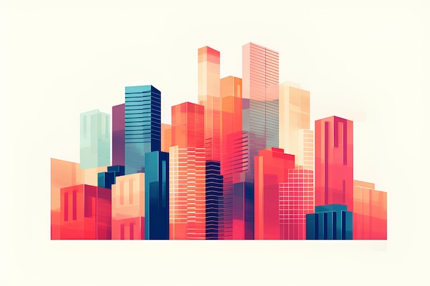 Moderne gebouwen glazen wolkenkrabbers risograph stijl minimalistische tertiaire kleuren Generatieve AI