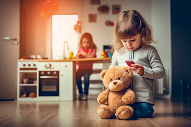 Moderne generatie klein meisje met teddybeer verdiept in smartphone