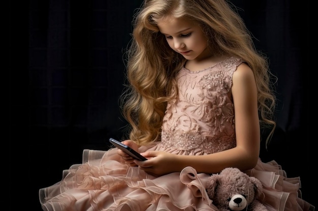 Moderne generatie klein meisje met teddybeer verdiept in smartphone