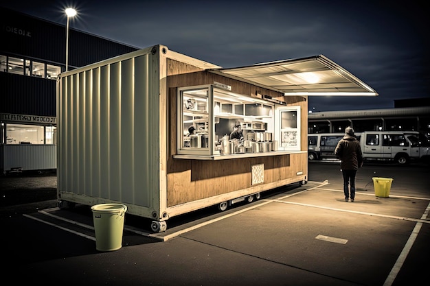 Moderne gerecyclede bar met stoelen en tafels buiten in het land