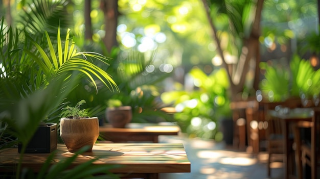Moderne gezellige buitenrestaurant omgeving omringd door weelderige groene planten met een vervaagde achtergrond gericht op een houten tafel Deze scène biedt een ideale ruimte voor product AI Generative