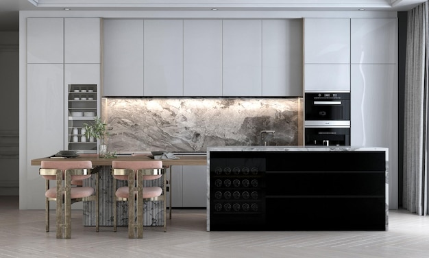 Moderne gezellige eetkamer en pantry Marmeren muur textuur achtergrond interieur ontwerp 3D-rendering