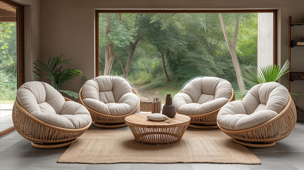 Moderne gezellige interieur met rieten stoelen en uitzicht op de natuur