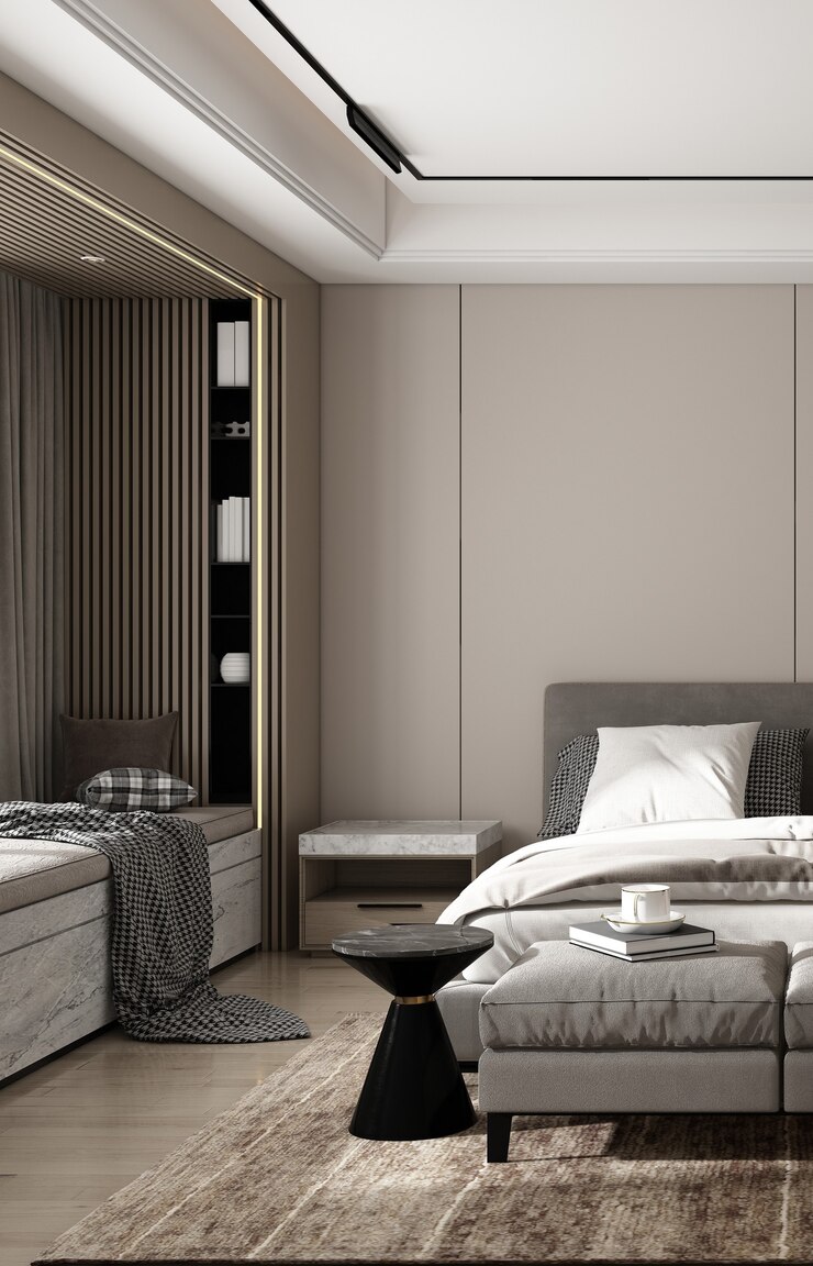 Moderne gezellige mock-up interieur slaapkamer ontwerp en houten muur achtergrond decor met bijzettafel 3D-rendering