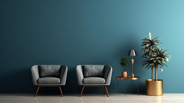 Moderne gezellige woonkamer en blauwe muur textuur achtergrond interieur ontwerp 3D-rendering