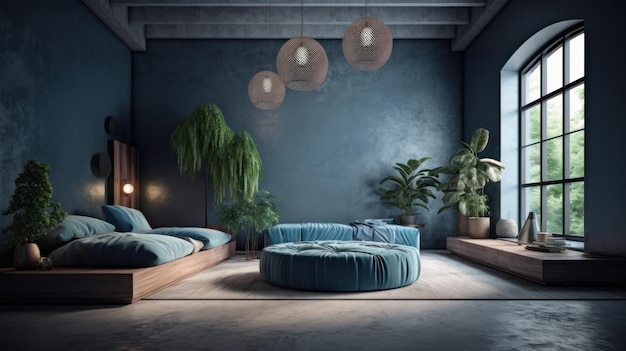 Moderne gezellige woonkamer in blauwe en grijze tinten stijlvolle comfortabele sofa ronde ottomaanse betonnen vloer