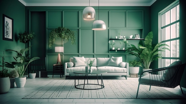 Moderne gezellige woonkamer met monochrome salie groene muur Eigentijds interieur met trendy muurkleur tafel kamerplanten en stoel Generative AI