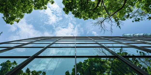 Moderne glazen gebouw samengevoegd met de lucht omringd door groene boomtoppen
