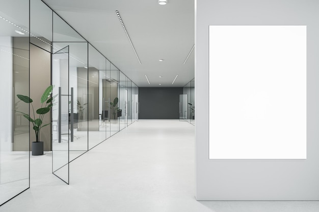Moderne glazen kantoorgang met lege mock-up poster op wandmeubels en betonnen vloeren 3D Rendering