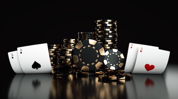 Moderne gokpokerachtergrond Zwarte en gouden casinofiches en speelkaarten 3D illustratie