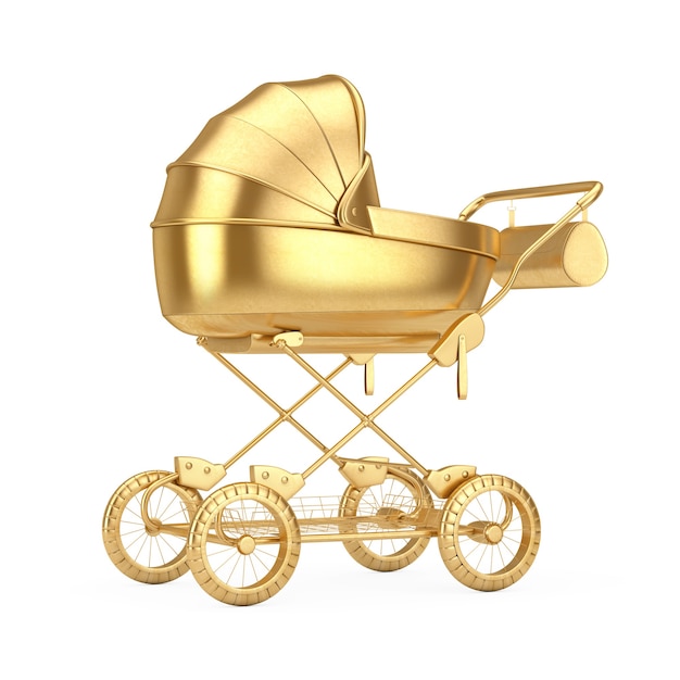 Moderne gouden kinderwagen, kinderwagen, kinderwagen Mock Up op een witte achtergrond. 3D-rendering