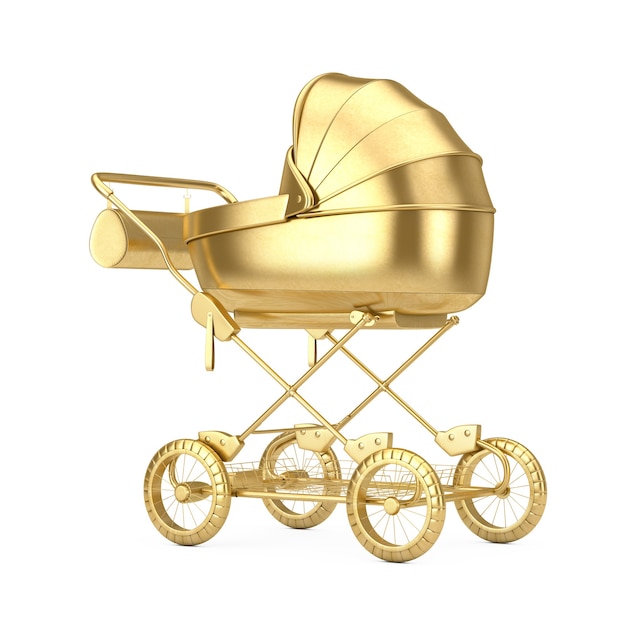 Moderne gouden kinderwagen, kinderwagen, kinderwagen Mock Up op een witte achtergrond. 3D-rendering