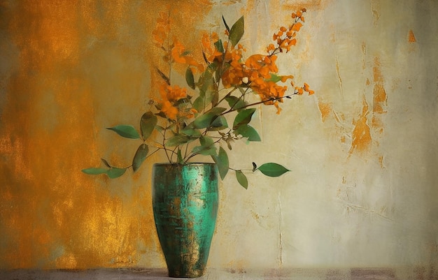 Moderne gouden schilderij abstracte vaas Planten bloeien in een vaas gouden element