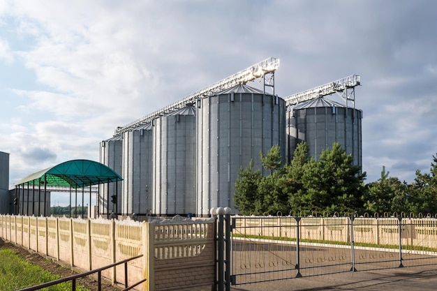 Foto moderne graanschuurlift zilversilo's op agroverwerkings- en productiefabriek voor verwerking, drogen, schoonmaken en opslag van landbouwproducten, meel, granen en graan