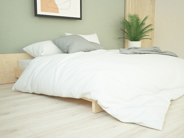 Moderne groene muur slaapkamer met houten paneel en witte beddengoed kussens