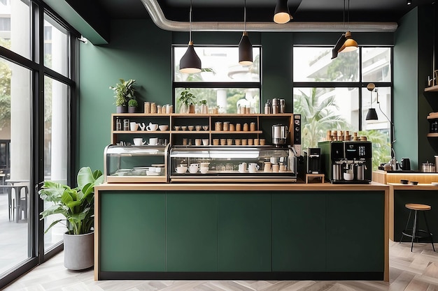 Moderne groene stijl café toonbank met groot raam met espresso koffie maken machine