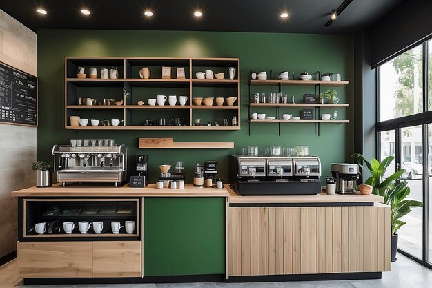 Moderne groene stijl café toonbank met groot raam met espresso koffie maken machine