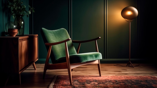 Moderne groene woonkamer uit het midden van de eeuw met houten fauteuil Generatieve AI