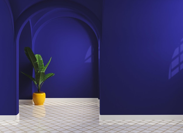 Moderne halverwege de eeuw en minimalistische lege kamer zonder meubels, inclusief plant, donkerblauwe muur, wit
