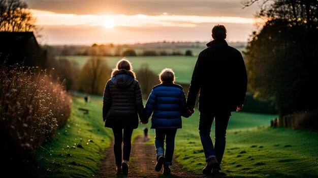 Moderne hedendaagse open familie van gemengd ras die buiten geniet in het middenseizoen bij zonsondergang