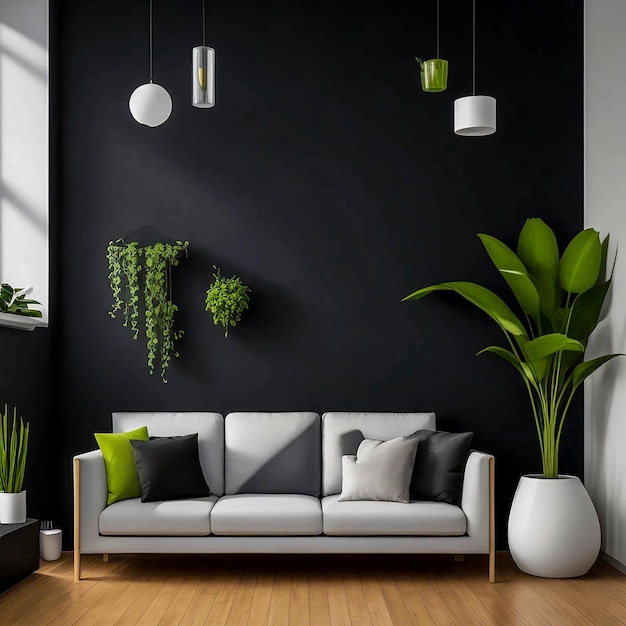 Moderne heldere minimalistische interieur donkere blinde muur in woonkamer droge planten in vazen 3d render