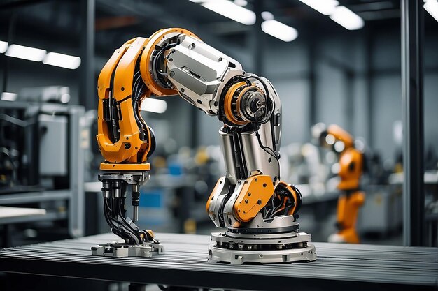 Moderne high-tech robotica industrie ingenieursfaciliteit heldere robotarm pakt metaaltechnologie op