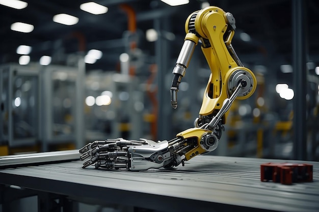 Moderne high-tech robotica industrie ingenieursfaciliteit heldere robotarm pakt metaaltechnologie op
