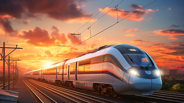 Moderne hogesnelheidstrein op de spoorlijn bij zonsondergang 3D-weergave