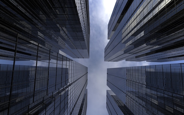 Moderne hoogbouw tegen het hemelthema van zakelijk succes en technologie