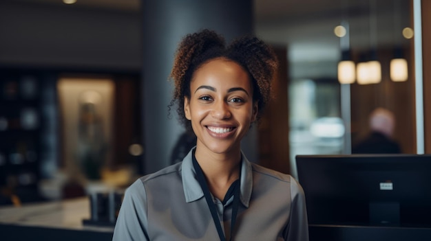 Moderne hotelreceptionist die een warm welkom biedt, professioneel en uitnodigend