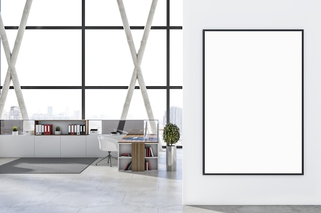 Moderne houten en betonnen coworking kantoorruimte interieur met lege mock up banner op witte muur meubels panoramisch raamkozijn met wazig uitzicht op de stad en apparatuur 3D Rendering