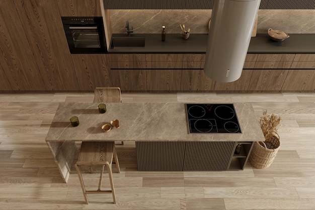 Moderne houten keuken interieur eethoek ingericht door tabel 3D-rendering illustratie bovenaanzicht