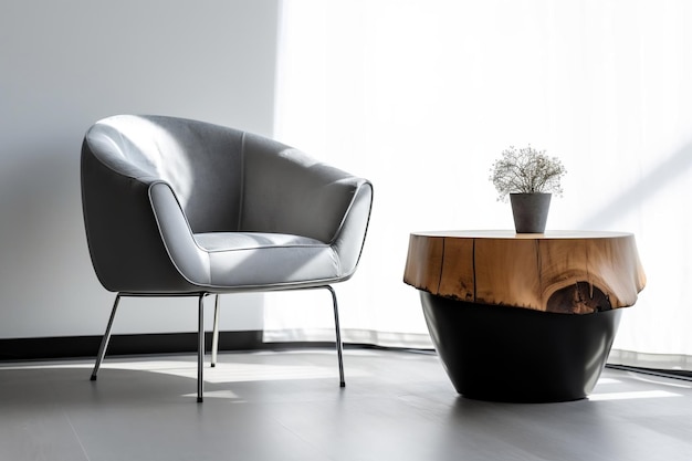 Moderne houten salontafel met grijze fauteuil 3D interieur Mockup Ai generatief