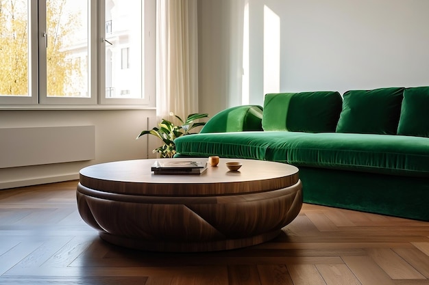 Moderne houten salontafel met groene fluwelen bank 3D interieur Mockup Ai generatief