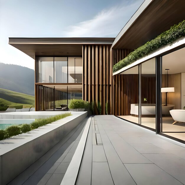 Foto moderne houten villa exterior gegenereerd door ai