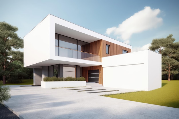 Moderne huis buiten minimalistische stijl met witte betonnen muur AI
