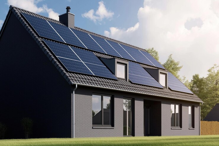 Foto moderne huis met donkergrijze bakstenen donkere zonnepanelen op het dak nieuw gebouwde huis in de buitenwijken