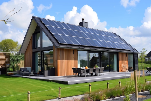 Moderne huis met zonnepanelen Alternatieve energiebron