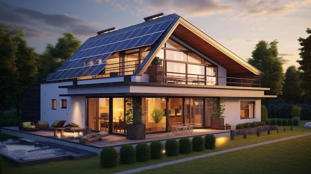 Moderne huis met zonnepanelen op het geveldak